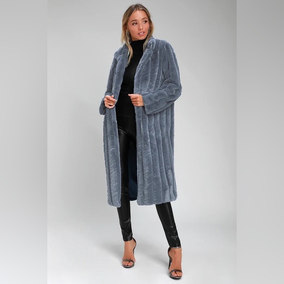 Lulus Slate Blue Faux Fur Long Coat Ribbed - Picture 1 of 4